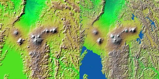 Shaded Relief with Height as Color, Virunga and Nyiragongo Volcanoes and the East African Rift Valley
