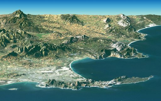 Cape Town, South Africa, Perspective View, Landsat Image over SRTM   Elevation