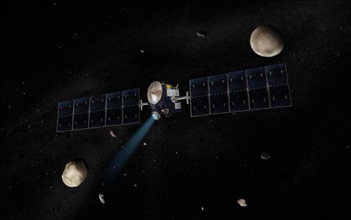 Dawn Spacecraft with Vesta and Ceres Artist Concept