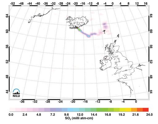 Sulfur Dioxide in Iceland Eyjafjallajökull Volcanic Cloud as seen by AIRS