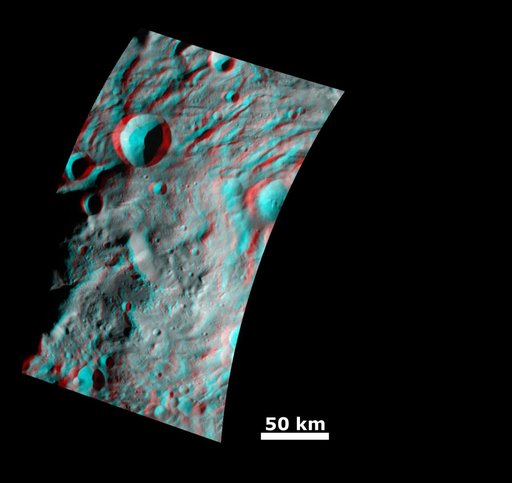 Impact Crater and Mountain-central Complex in Vesta South Polar Region Anaglyph