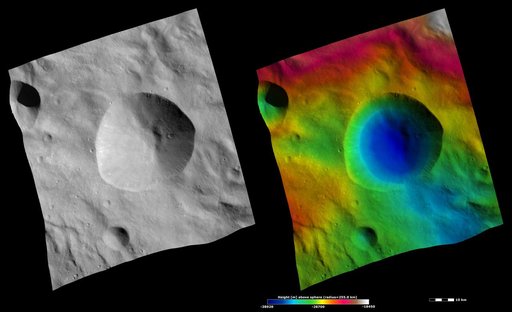Apparent Brightness and Topography Images of Tarpeia Crater