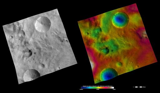 Apparent Brightness and Topography Images of Laelia and Sextilia Craters