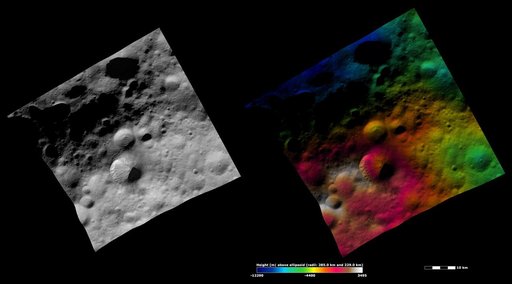 Fabia Crater, Apparent Brightness and Topography Images