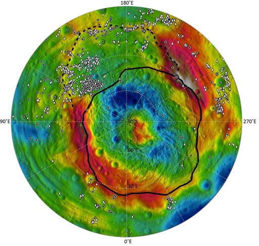 Distribution of Vesta Dark Materials, Southern View