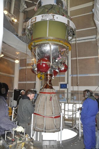Lifting NASA OCO-2 Delta II Launch Vehicle Second Stage into Position for Mating