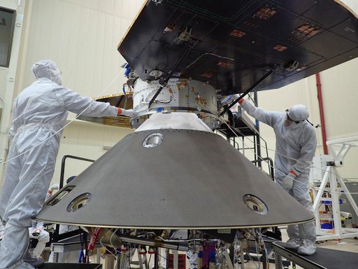 Lowering InSight Cruise Stage onto Back Shell