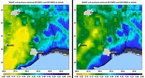 NASA SMAP Images Show Texas Soil Moisture Conditions Before/After Hurricane Harvey's Landfall