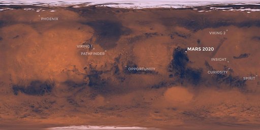 Map of NASA's Mars Landing Sites