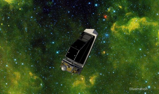 NEO Surveyor in an Infrared Starfield Filled With Asteroids (Illustration)