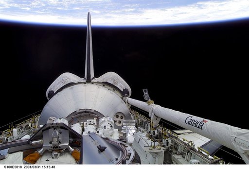 Endeavour's payload bay with the Raphaello module and Canadarm 2