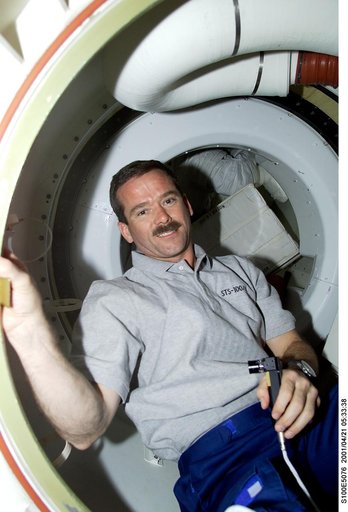 MS Hadfield poses in the airlock hatch area on the middeck of Endeavour