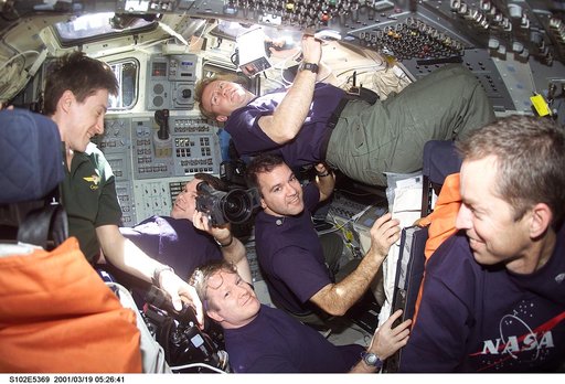 Crowded flight deck during ISS fly-around
