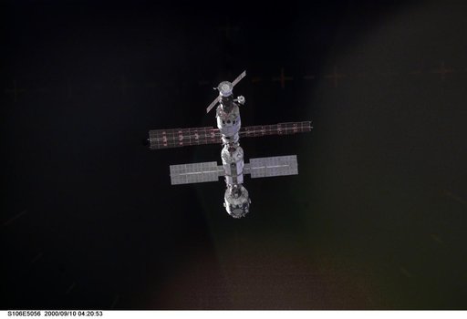 Distant view of the ISS as OV-104 makes its initial approach during STS-106