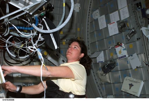 Clark in the Spacehab RDM during activation of ARMS experiment equipment during STS-107