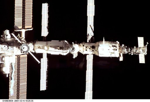 The nadir side of the ISS taken during the STS-108 undocking and flyaround