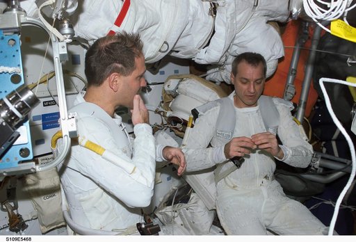 View of STS-109 EVA teams near airlock
