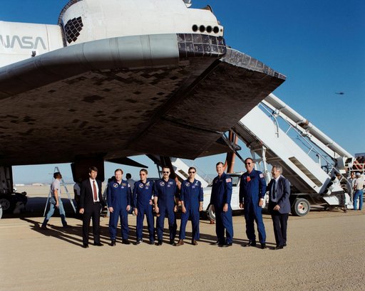 STS-28 crew poses for group portrait during post landing activities