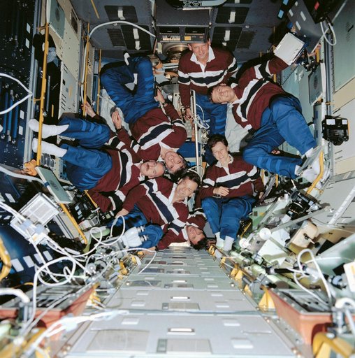 STS-42 OV-103 crew poses for onboard (in-space) portrait in IML-1 SL module
