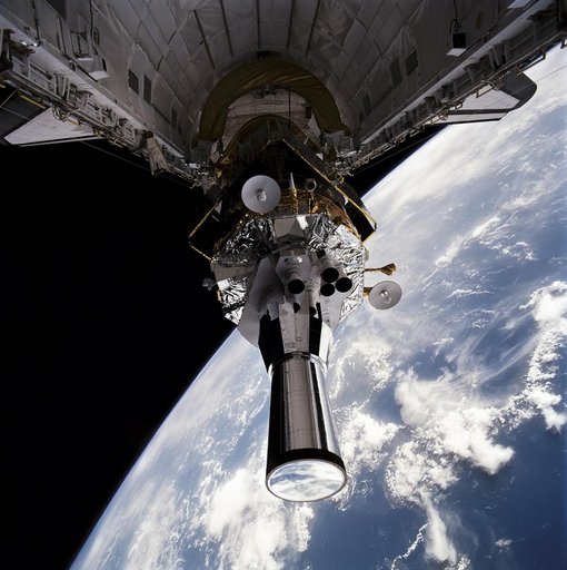 STS-44 DSP / IUS spacecraft tilted to predeployment position in OV-104's PLB