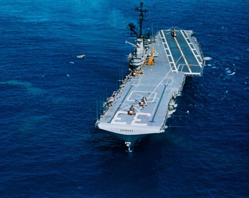 Aerial view of the U.S.S. Kearsarge, recovery ship for the Mercury-Atlas 8 mission.