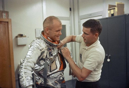 Astronaut John Glenn is suited up at Cape Canaveral during MA-6 activities