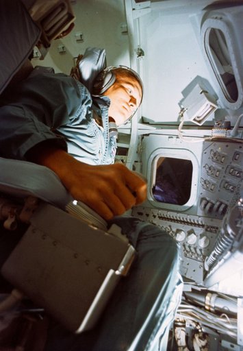 Astronaut Frank Borman during training exercise in Apollo Mission simulator