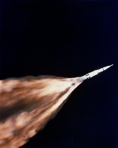 F-1 engines of Apollo/Saturn V first stage leave trail of flame after liftoff