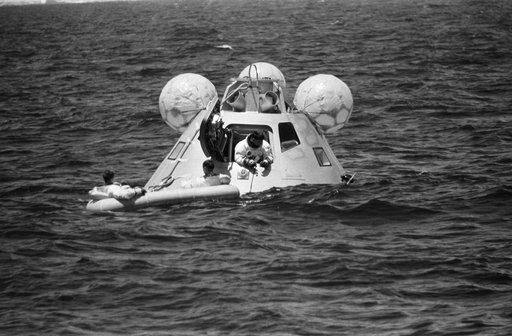 Apollo 7 prime crew during water egress training in Gulf of Mexico