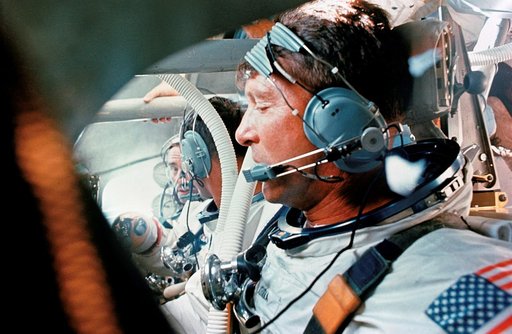 Apollo 7 prime crew during water egress training in Gulf of Mexico