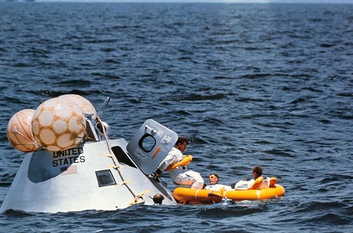 Apollo 7 prime crew during water egress training in Gulf of Mexico