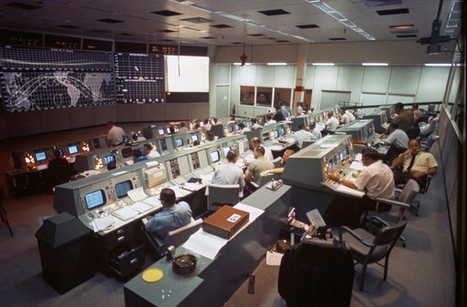 Overall view of Mission Control on first day of Apollo 7 space mission