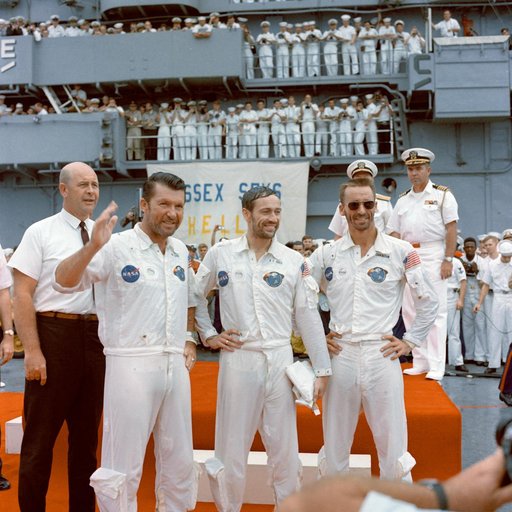 Apollo 7 crew arrives aboard recovery ship, U.S.S. Essex