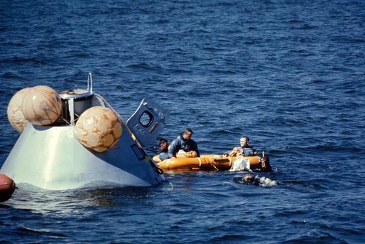 Apollo 8 prime crew seen during water egress training in Gulf of Mexico