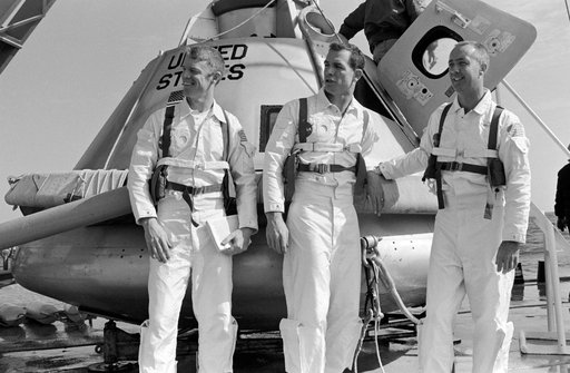Apollo 9 prime crew on deck of ship prior to water egress training
