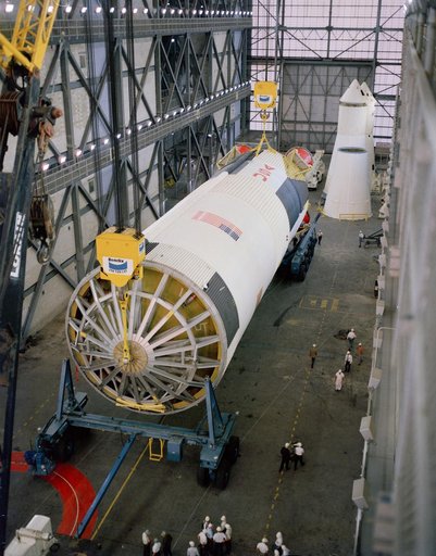 First stage of Saturn launch vehicle in KSC Vehicle Assembly Building
