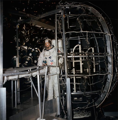 Astronaut Russell Schweickart inside simulator for EVA training