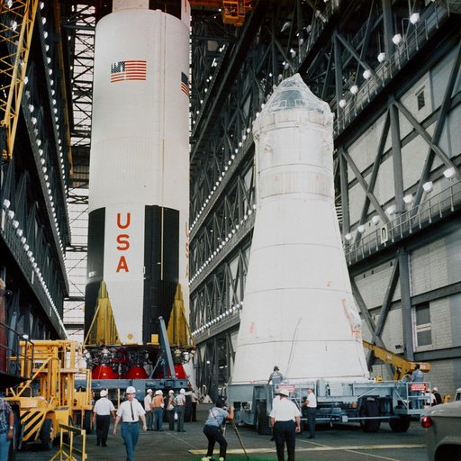 Apollo spacecraft Command/Service Module and Lunar Module 3 arrive at VAB