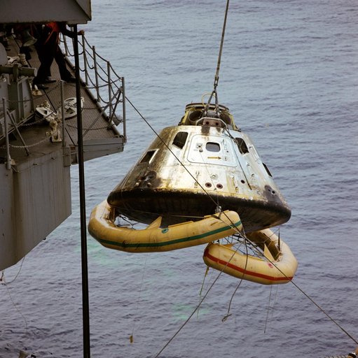 Photo - Apollo/Saturn (A/S)-11 w/Flotation Collar Secured - Ship's Hoist