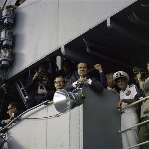 President Nixon on deck of U.S.S. Hornet awaiting Apollo 11 crew arrival