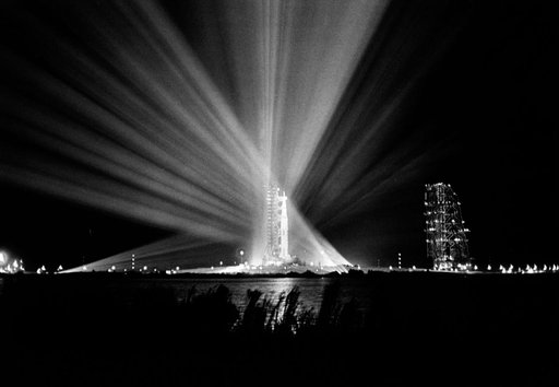 Nighttime view of Apollo 9 space vehicle at Pad A, Launch Complex 39
