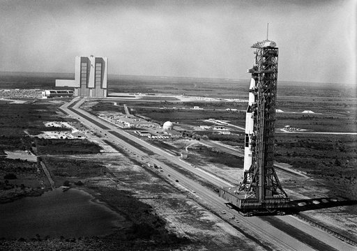 Aerial view of Launch Complex 39, KSC showing Apollo 10 on way to Pad B