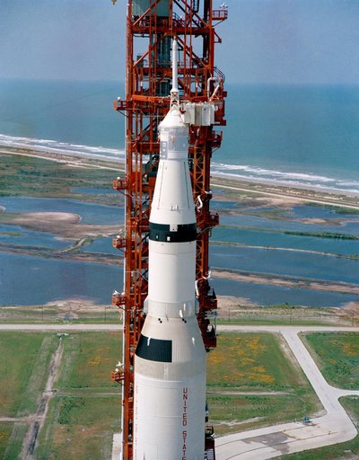 Aerial, high-angle view of Apollo 10 on Pad B, Launch Complex 39, KSC