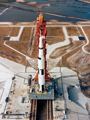 Aerial, high-angle view of Apollo 10 on Pad B, Launch Complex 39, KSC