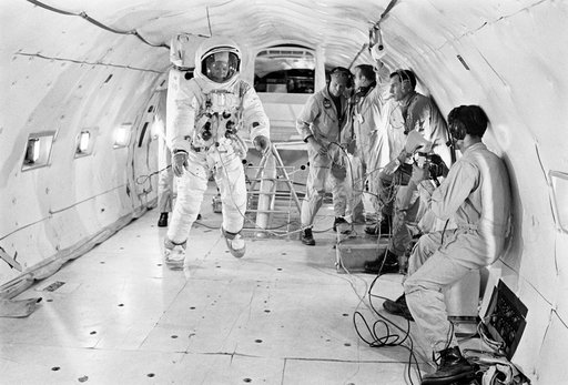Astronaut Edwin Aldrin undergoes zero-gravity training aboard KC-135