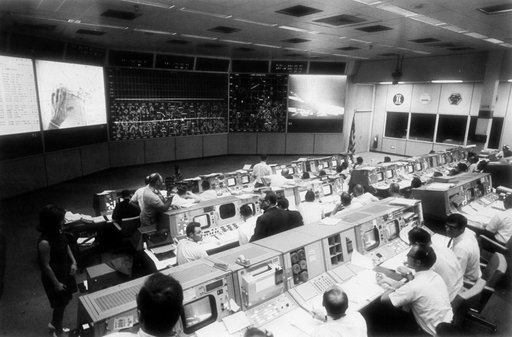 View of Mission Control during lunar surface Apollo 11 EVA