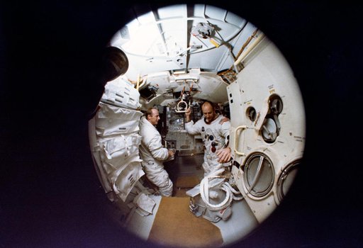 Apollo 12 crewmembers shown in Apollo Lunar Module Mission Simulator