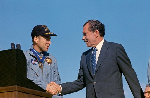 President Nixon at Hickam AFB congratulates Astronaut James Lovell