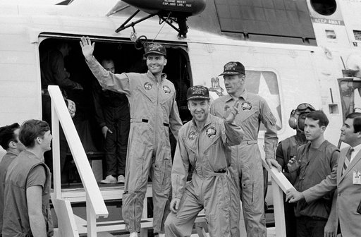 Apollo 13 crew arrive on prime recovery ship U.S.S. Iwo Jima