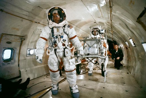 Astronaut Alan Shepard with Modular Equipment Transporter aboard KC-135
